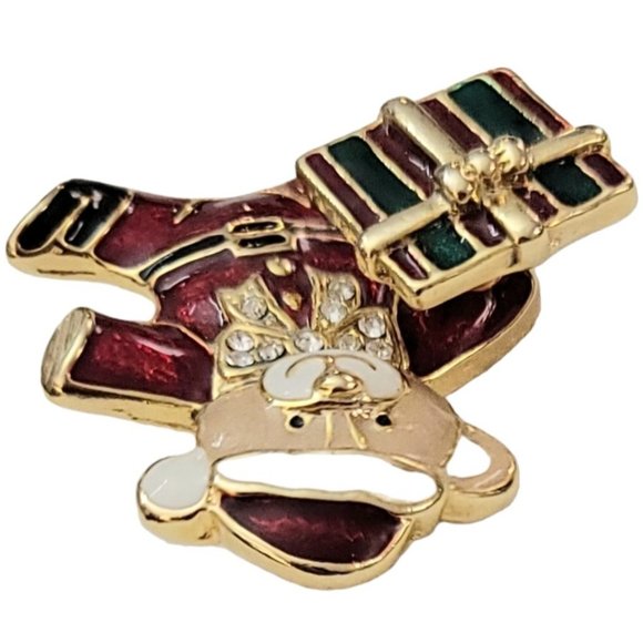 Red Green Enamel Clear Rhinestone Christmas Bear With Gift Trembler Brooch, K826 - Picture 5 of 10